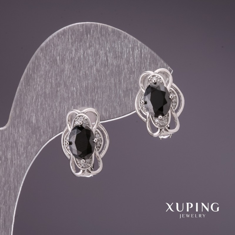 Xuping Earrings with Black Stones 15x11mm Rhodium