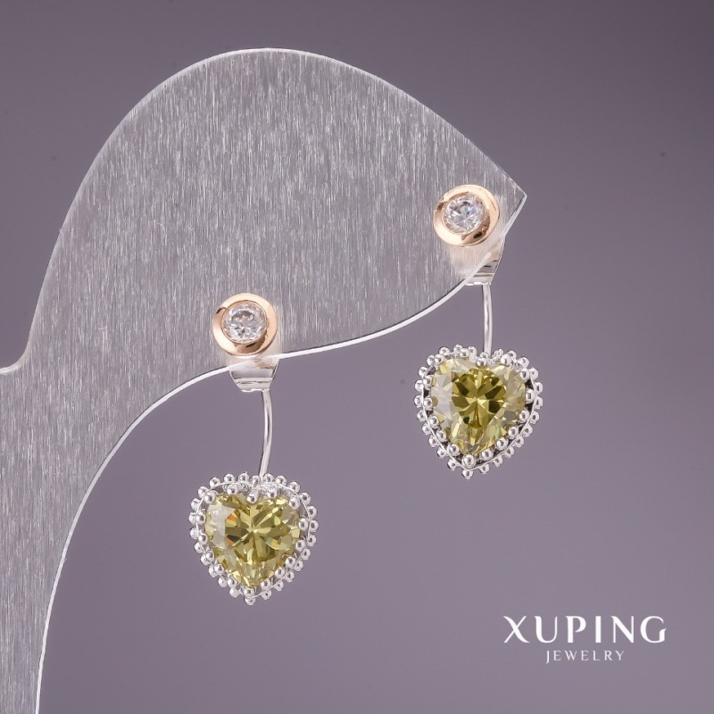 Xuping Stud Earrings “Heart” with white and light green stones 10x20mm Rhodium plated, 18k gold plated