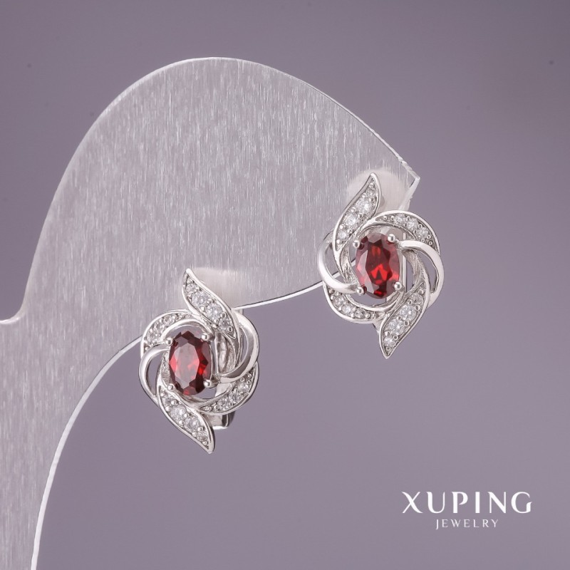 Xuping Earrings with Red Stones 17x12mm Rhodium