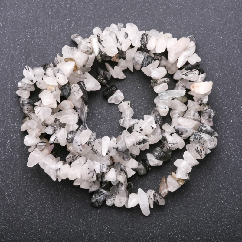 Rutilated Quartz Beads, Hairy Rutile Quartz, White Quartz on Thread Chips, 5–8 mm (±), 85 cm Length