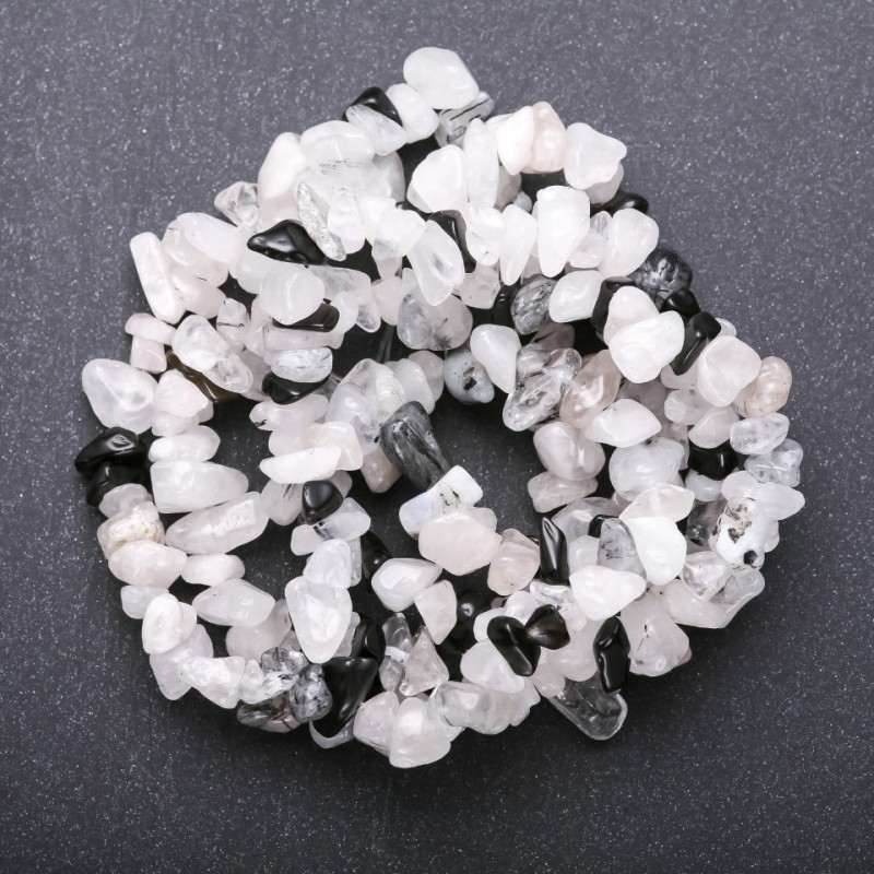 Rutilated Quartz Beads with White Quartz and Black Agate on Thread, 5–8 mm (±), 85 cm length