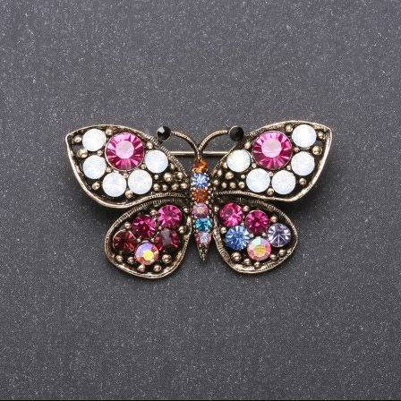 Sale! Butterfly Brooch with Multicoloured Rhinestones 43×25mm Yellow Metal