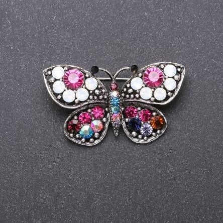 SALE! SALE! Butterfly Brooch with Multicoloured Rhinestones 43x25mm Gray Metal