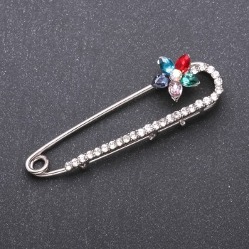 Brooch pin with multicoloured glass crystals 64×19mm white metal