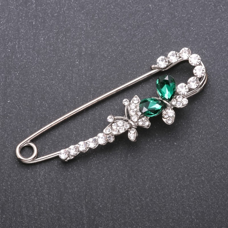 Brooch pin with green glass crystals 76x23mm white metal