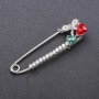Brooch Pin with red and green glass crystals 64×18mm white metal