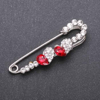 Brooch and Hair Pin with Red Glass Crystals 67x18mm White Metal