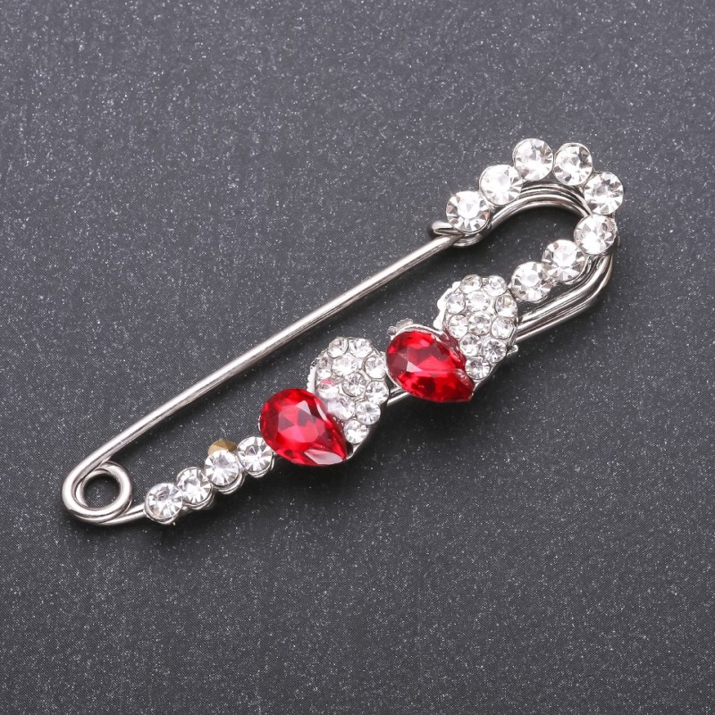 Brooch and Hair Pin with Red Glass Crystals 67x18mm White Metal