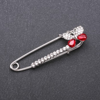 Brooch pin with red glass crystals 66×15mm white metal