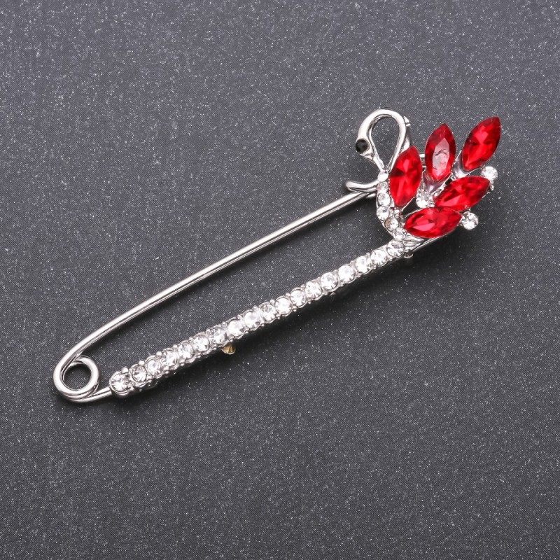 Brooch pin with red glass crystals 73x22mm white metal
