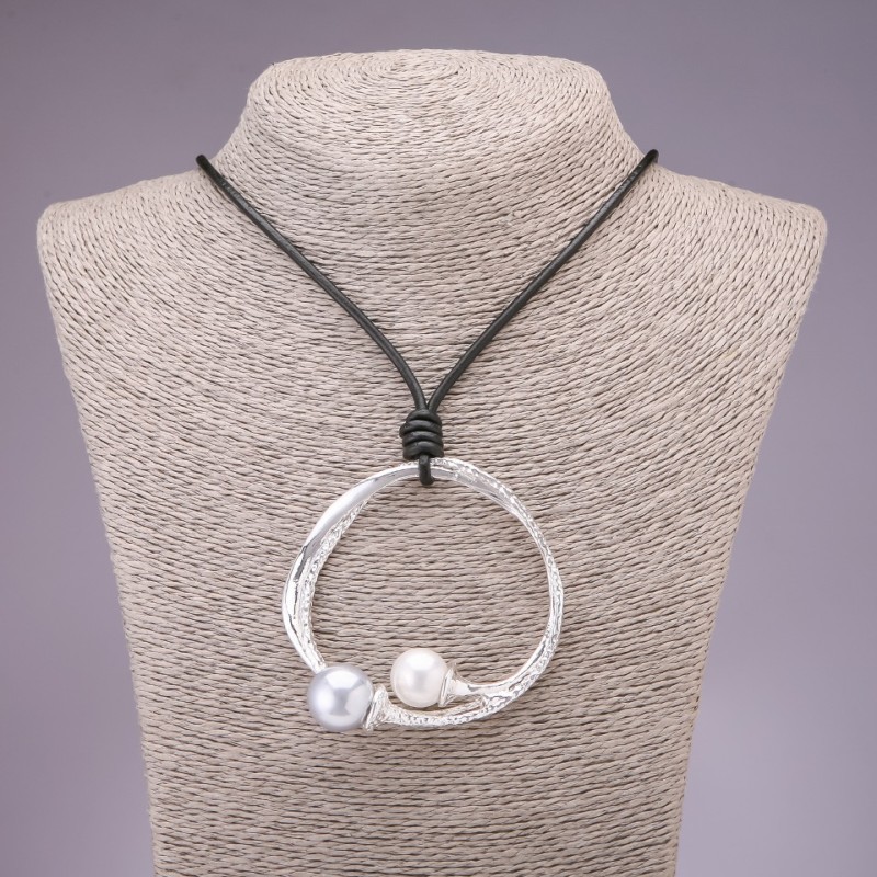 Long cord pendant in hi-tech style, 68mm diameter, 80cm length, silver metal