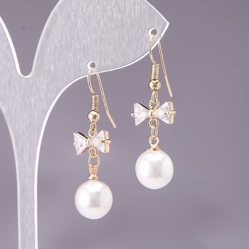 Earrings 'Bows' with White Beads, 10 mm diameter, 3 cm length, yellow metal