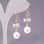 Earrings 'Bows' with White Beads, 10 mm diameter, 3 cm length, yellow metal
