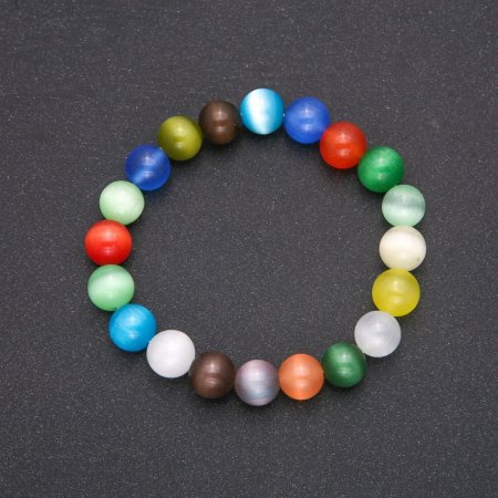 Multicolour Cat's Eye Natural Stone Bracelet with Smooth Beads 10mm Diameter, 18cm Length, Elastic