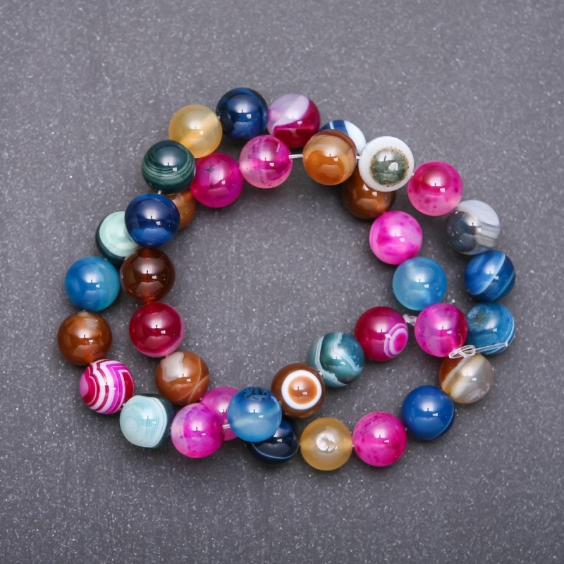 Eye-cut agate beads multicolour, 10mm diameter on thread, 38cm length