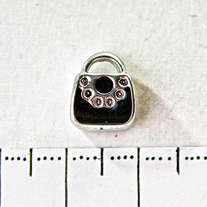 Pandora Charm Bead Light Grey Metal Black Handbag, 10mm, pack of 6