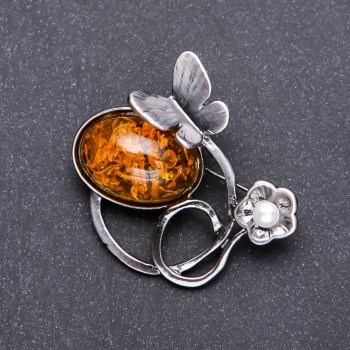 Hammered Brooch Butterfly "Amber" 47x47mm with grey metal