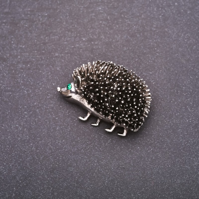 Hedgehog Brooch with Green Rhinestones 39x27mm, Grey Metal