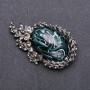 Brooch with Grey Rhinestones and Emerald Cabochon, 64x38mm, Grey Metal