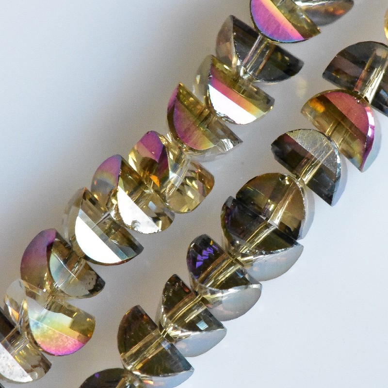Crystal beads champagne in Swarovski style with multicolour coating "gasoline", 6x4mm diameter, thread length 50cm