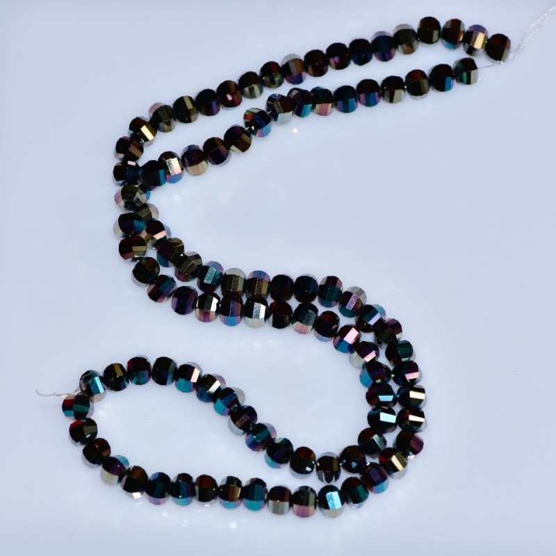 Crystal beads in Swarovski style, black faceted round bead with blue and brown gasoline coating, 5x4mm diameter, thread length 48
