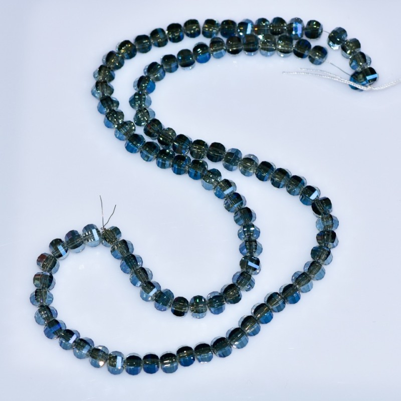 Crystal beads in Swarovski style, grey, 5x4mm faceted round with blue iridescent coating, on thread, 48cm length