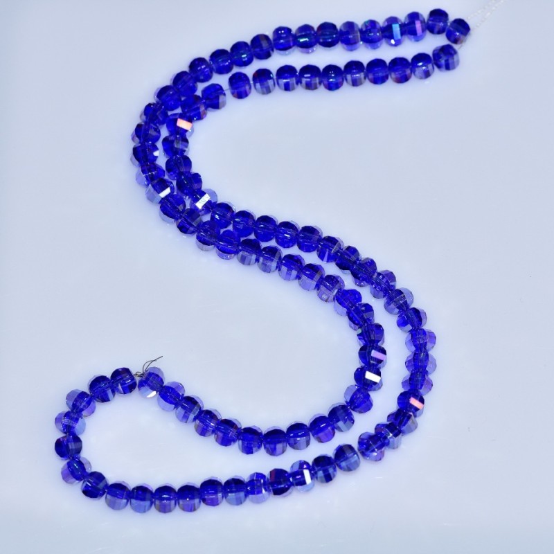 Crystal beads in Swarovski style, blue, faceted round bead with petrol (gasoline) iridescence, 5x4mm, on thread, 48cm length