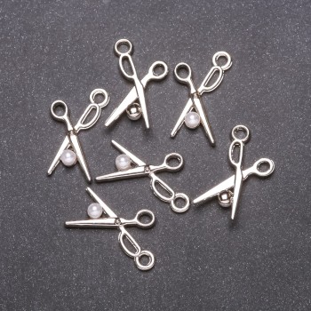 "Scissors" Pendant Finding, Diameter 13mm, Length 23mm, White Metal, Pack of 6pcs