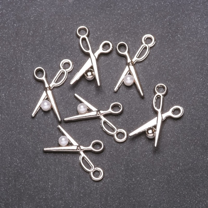 "Scissors" Pendant Finding, Diameter 13mm, Length 23mm, White Metal, Pack of 6pcs
