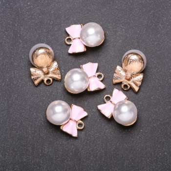 "Pink Bow with Bead" Pendant Finding, Diameter 14mm, Length 20mm, Yellow Metal, Pack of 6pcs