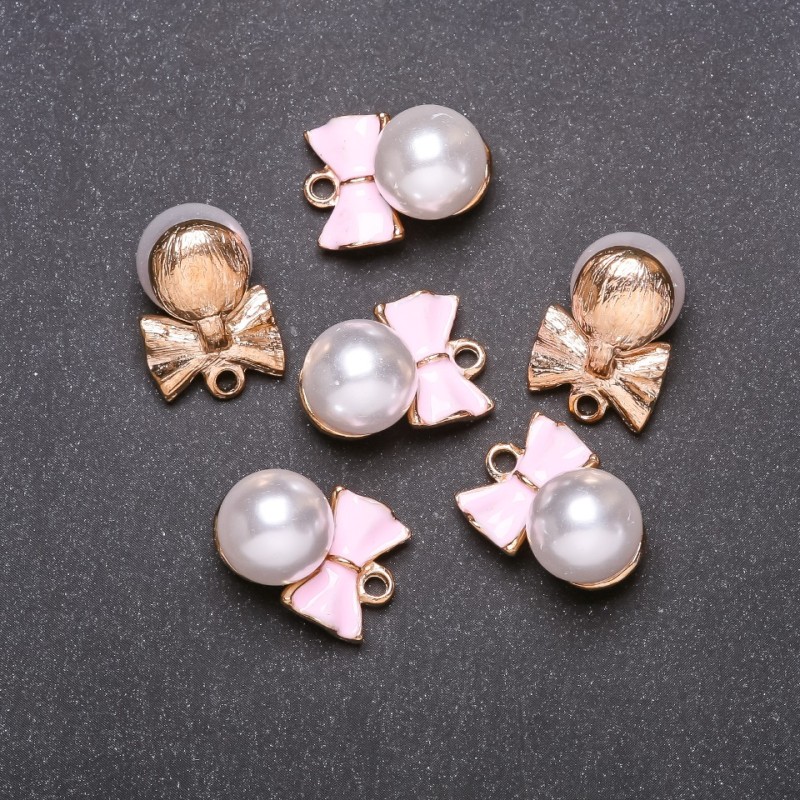 "Pink Bow with Bead" Pendant Finding, Diameter 14mm, Length 20mm, Yellow Metal, Pack of 6pcs