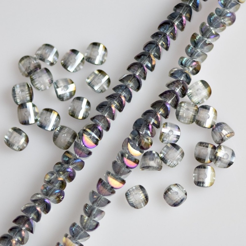 Crystal beads in Swarovski style, grey-lilac with iridescent finish, "gasoline" shade, diameter 2.5×4 mm, thread length 48 cm