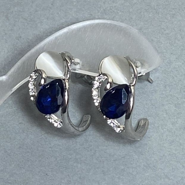 Earrings "Elegant" metal plated silver/ blue crystal / cat's eye / 23 × 12 mm