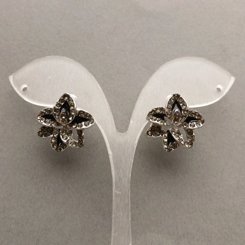 Stud Earrings in Flower Shape with Crystals, Silver Finish / 20mm