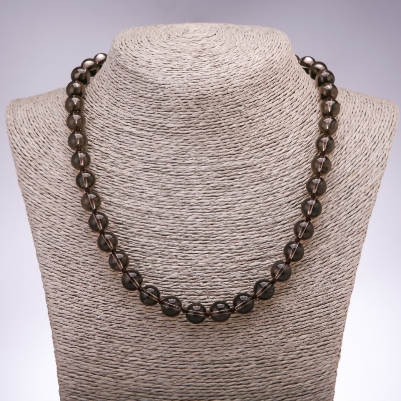 Natural stone necklace Smoky Topaz round beads, 10mm diameter, 48cm length