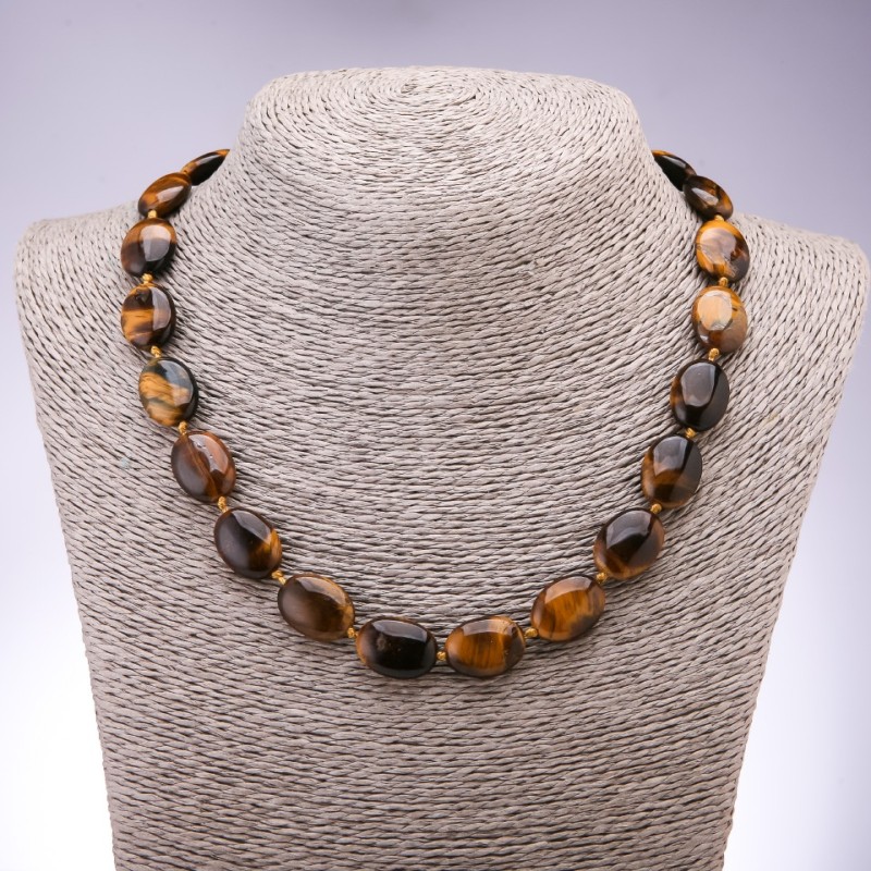 Tiger's Eye Natural Stone Necklace, flat oval, 13×18mm, length 45cm