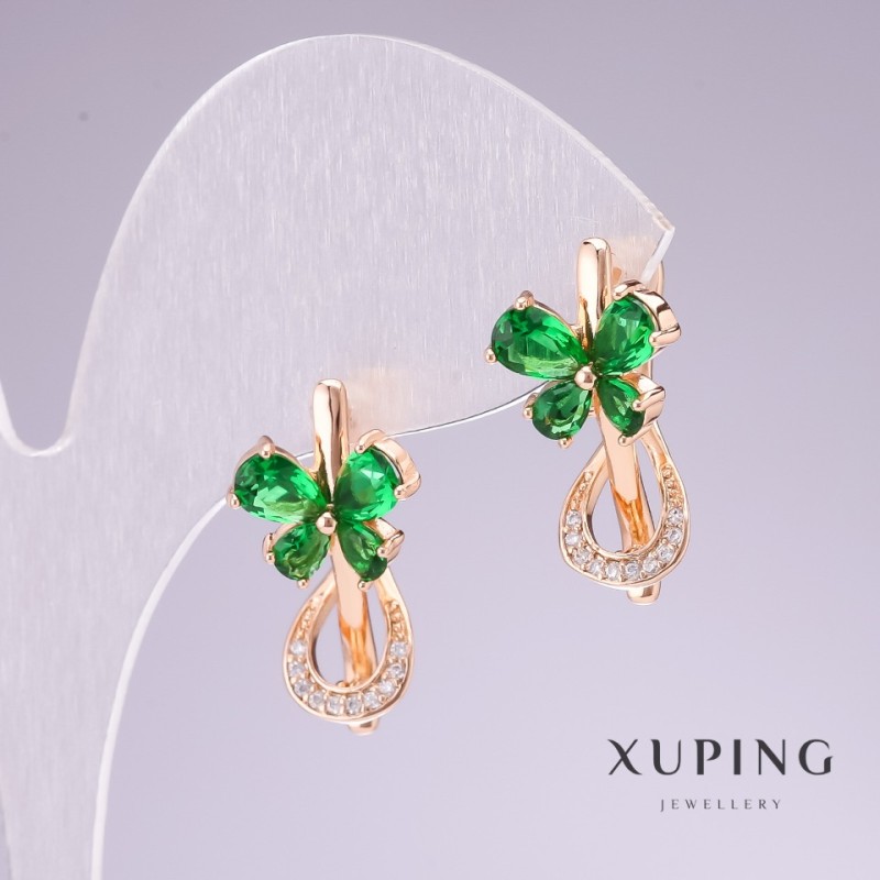 Earrings Xuping 18K Gold Plated with Green Stones and White Crystals 20×11mm