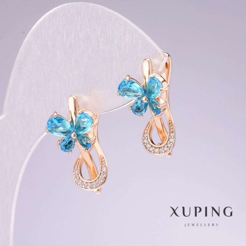 Earrings Xuping 18K Gold Plated with Blue Stone and White Crystals 20x11mm