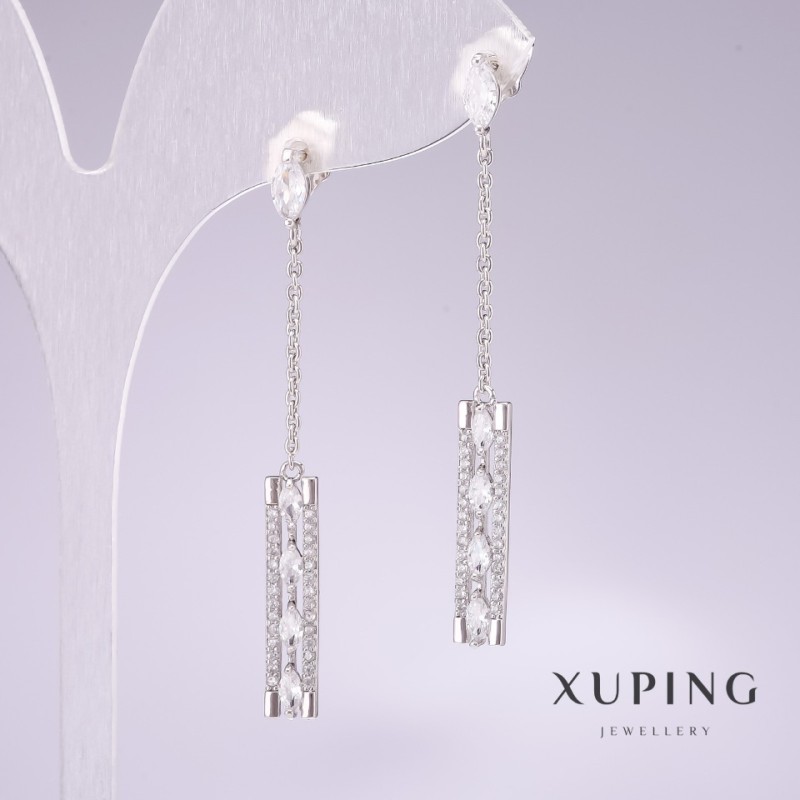 Earrings 'Rhodium' with White Stones and White Crystals 50×5mm