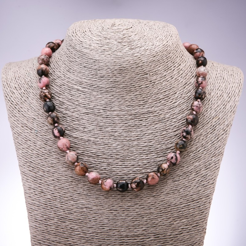Rhodonite Bead Necklace, Faceted Round Beads, 10mm Diameter, 45cm Length