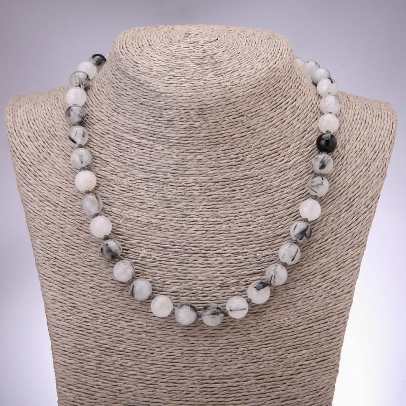 Necklace of natural stone Quartz rutilated hairy bead smooth sphere, diameter 10mm, length 48cm