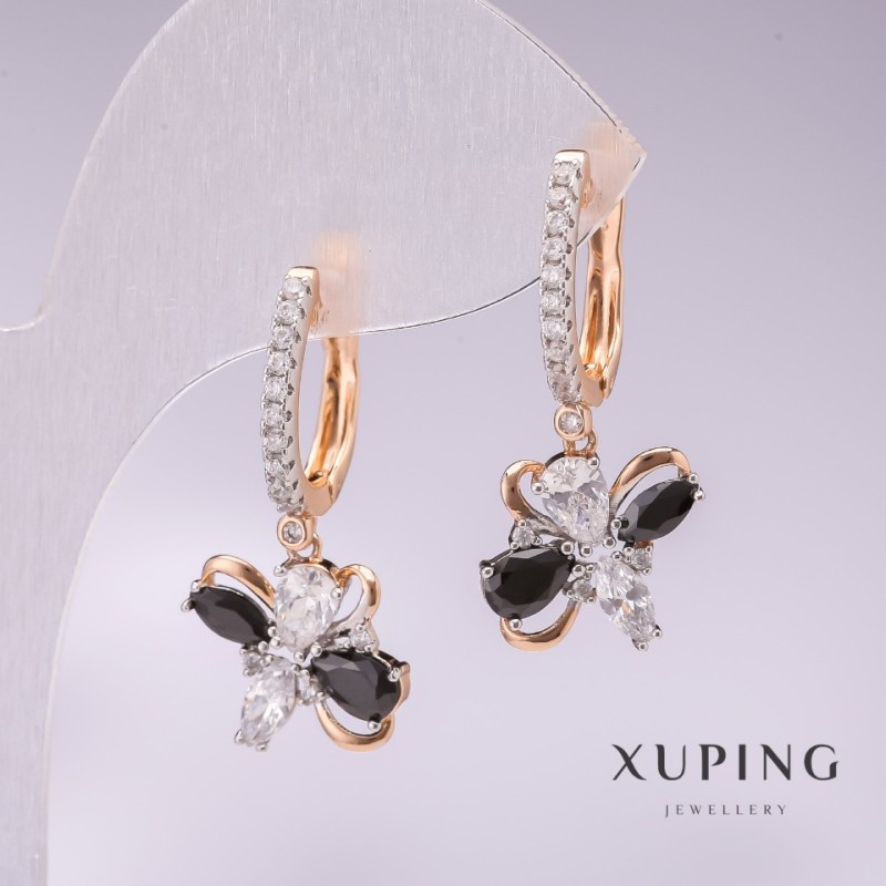 Earrings Xuping 18K gold-pl plated, rhodium with black stones and white crystals 30×12mm