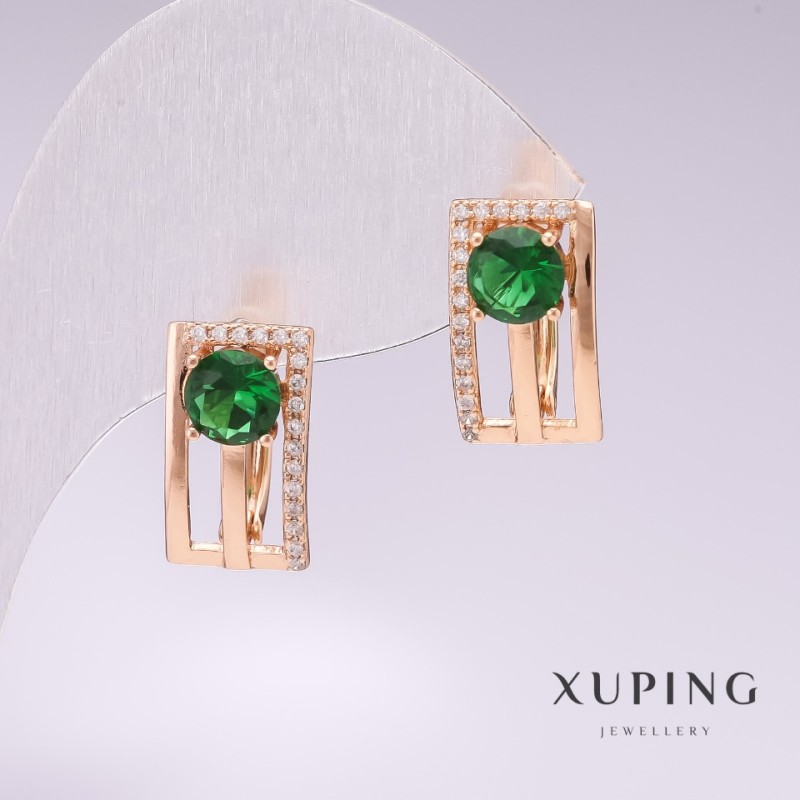 Earrings Xuping Gold Plated 18K with Green Stones and White CZs 16×9mm