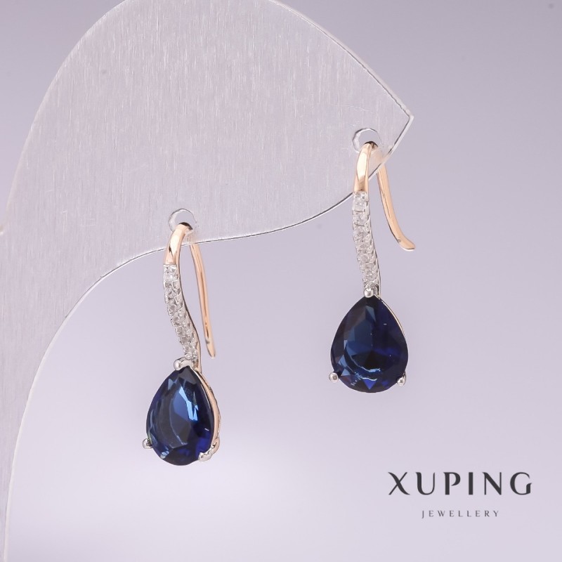 Earrings Xuping 18K Gold-Plated, Rhodium, with blue stones and white crystals 21x7mm