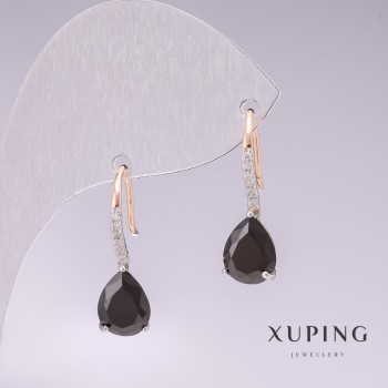 Earrings Xuping Gold Plating 18K, Rhodium with Black Stones and White Crystals 21×7mm