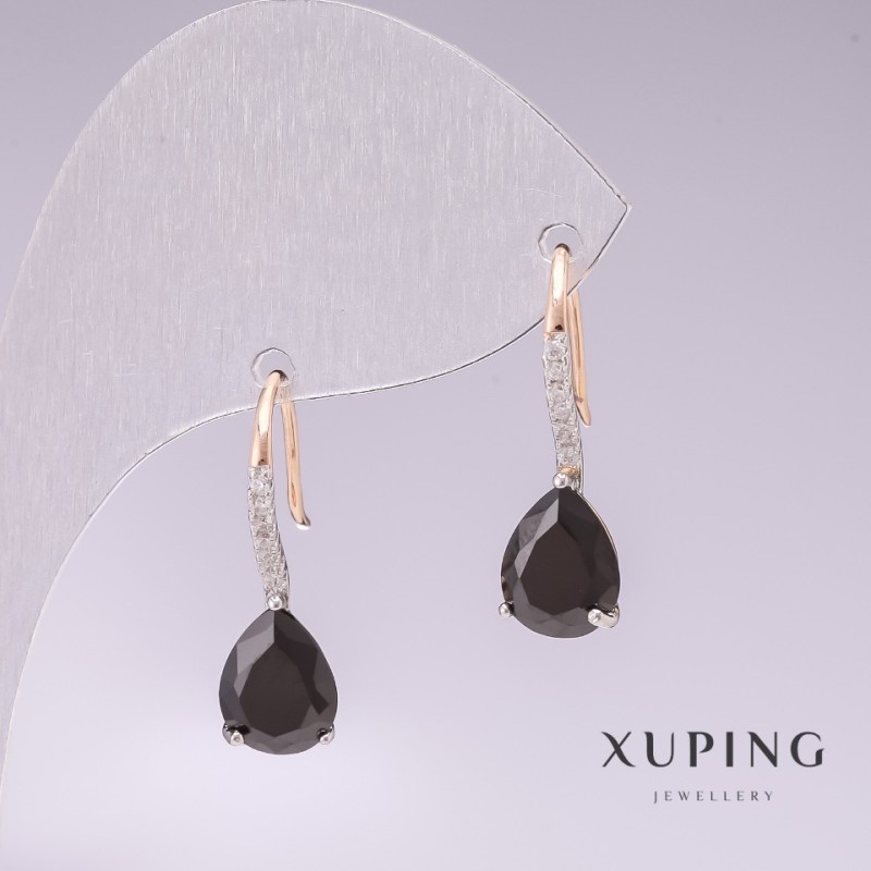 Earrings Xuping Gold Plating 18K, Rhodium with Black Stones and White Crystals 21×7mm