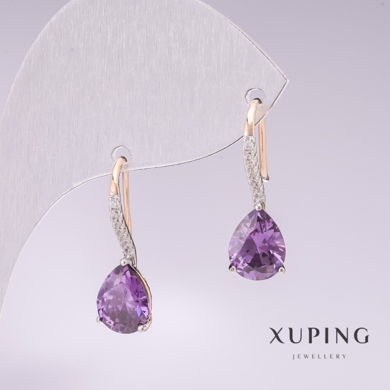 Xuping earrings with 18K gold plating, rhodium plated with lavender stones and white rhinestones 21x7mm