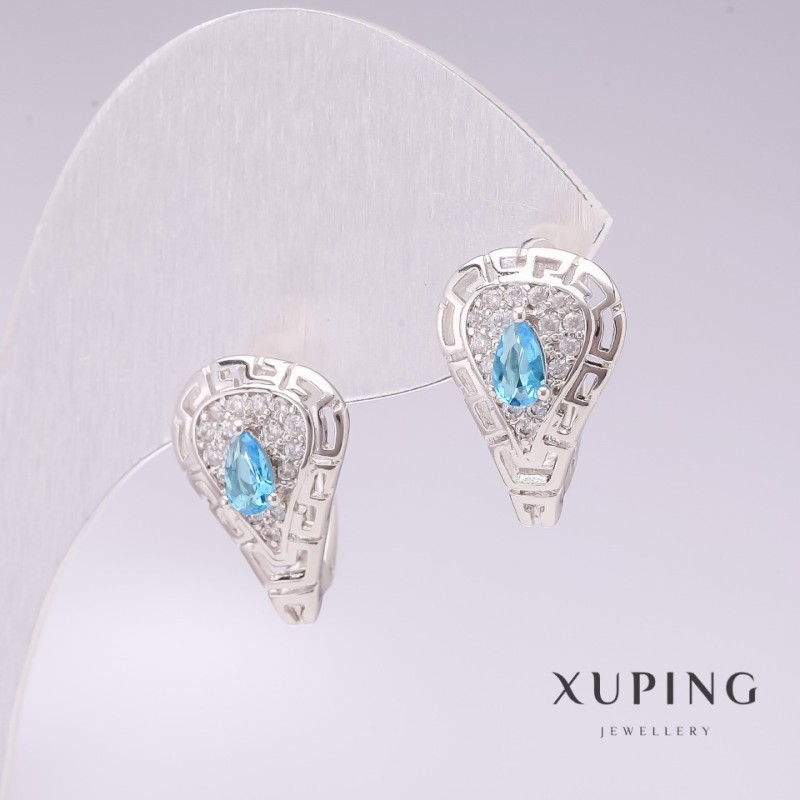 Earrings Xuping Rhodium with Blue Stones and White Crystals 11x17mm