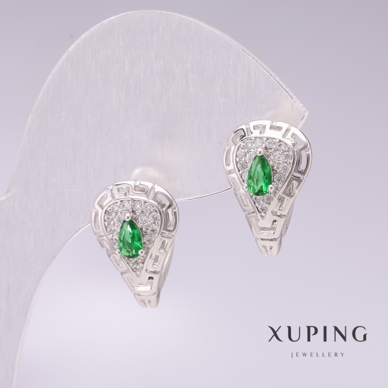 Earrings 'Rhodium' with green stones and white crystals 11×17mm