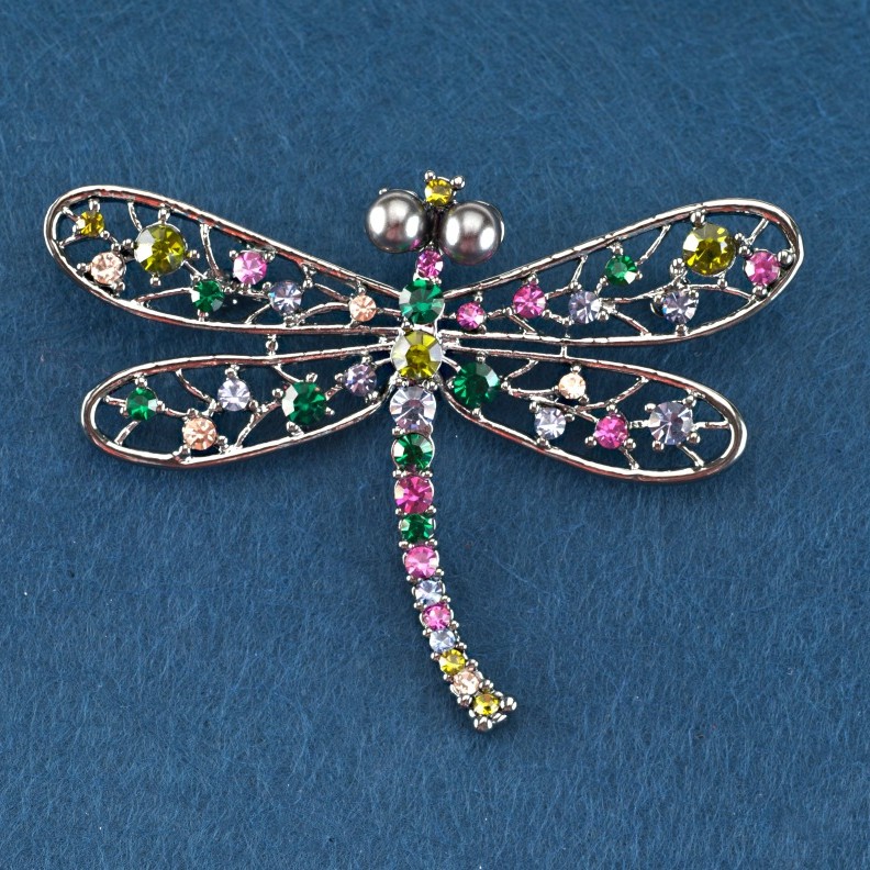 Dragonfly Brooch with Multicolour Rhinestones, Grey Metal, 70x52mm